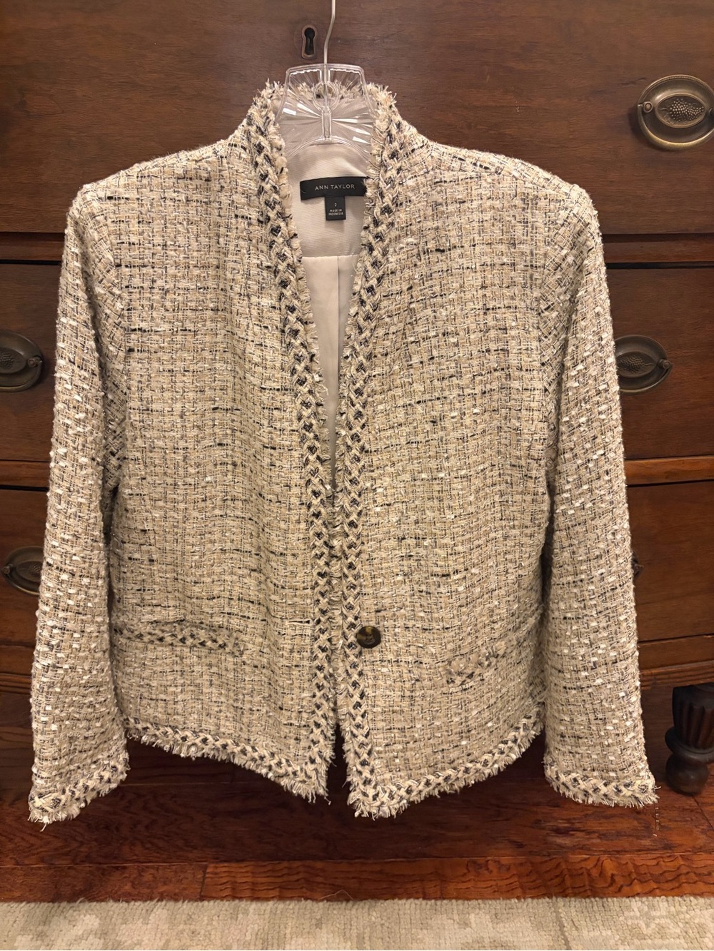 Ann Taylor Cream Tweed Open-Front Blazer